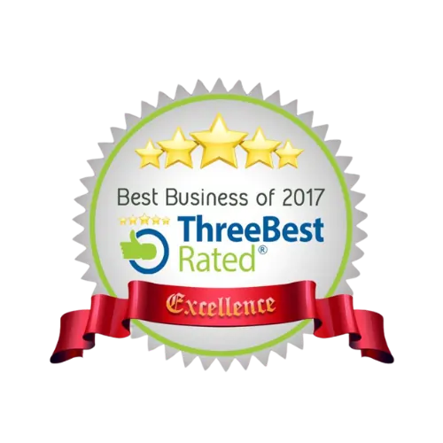 ThreeBest Rated Best Business of 2017 award badge for Acorn Fencing Sheffield displaying excellence recognition