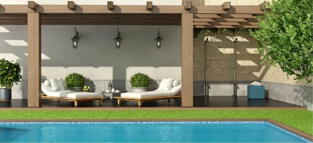 Modern outdoor lounge area with wooden pergola, sunbeds, and pool featuring contemporary decking in Sheffield